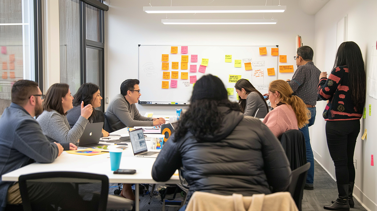 The team gathered round a table in a persona workshop