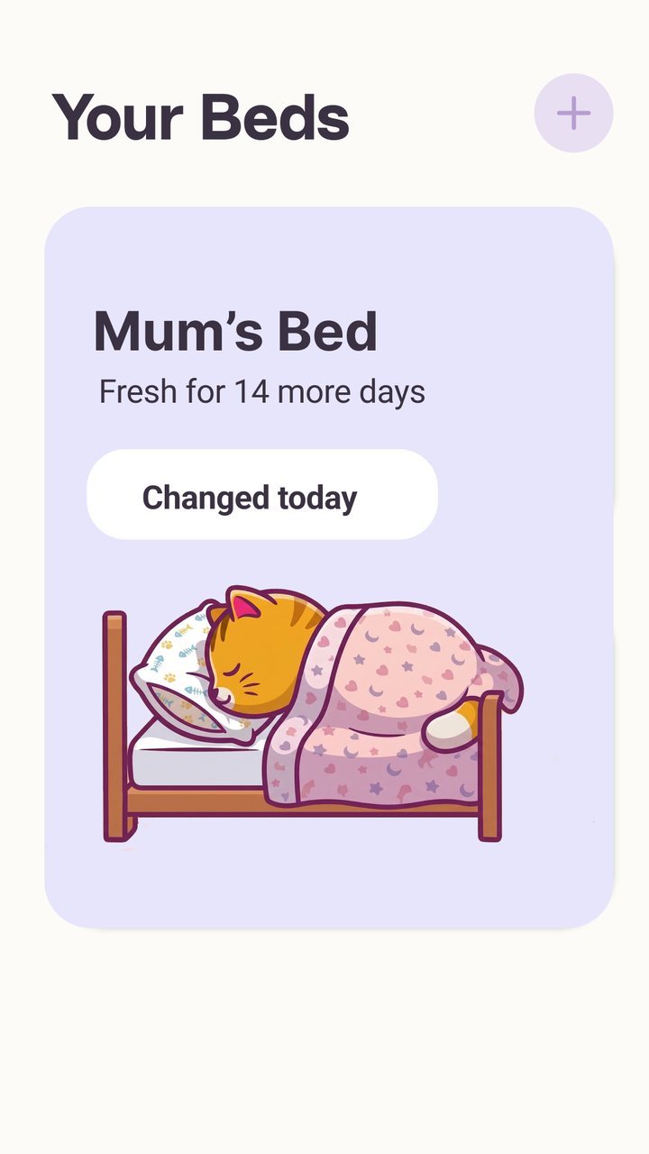 Fresh Nest Your Beds screen: Mum’s Bed, fresh for 14 more days, with a Changed today button