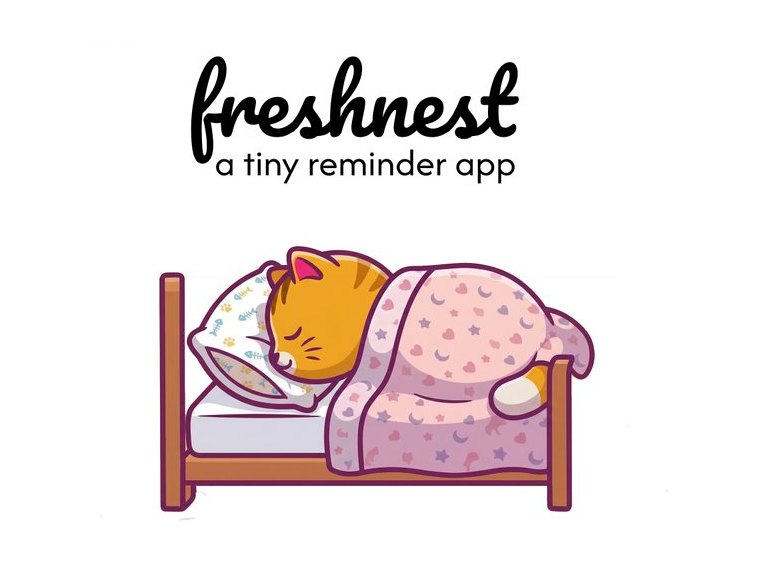 The Fresh Nest logo, ‘a tiny reminder app’, above a cat asleep in bed