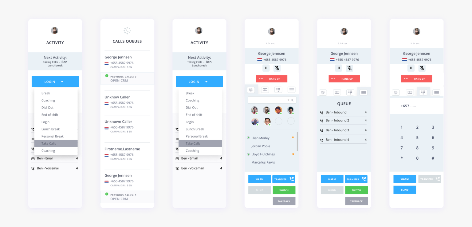 Wireframe screens for the agent views