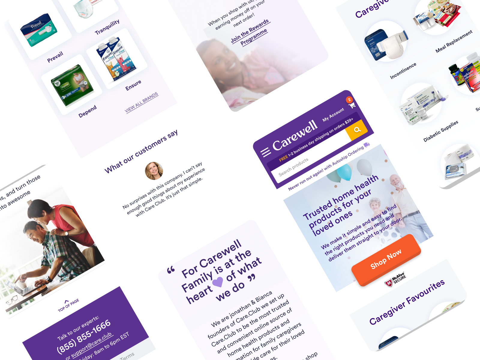 Carewell mobile screens: product categories, customer stories and the caregiver favourites shop